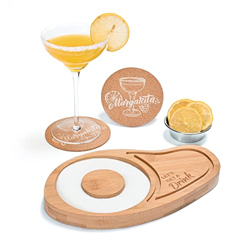 Donmills Margarita Ensemble de salière avec sous-verres, verre à margarita pour cocktails, sucre en bambou et sel pour boissons, tequila - Cadeau pour homme - Kit d'outils de bar pour verres à