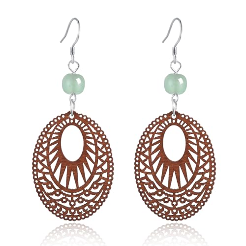 Silver/Gold Boho Dangle Statement Earrings for Women Trendy Handmade Vintage Dainty Cute Long Drop Summer Earrings fashion Accessories Jewelry Gifts (A75 Wooden Green Aventurine Earrings)