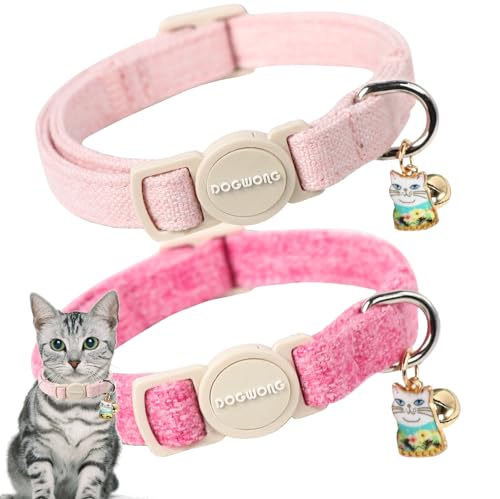 Cat Collar,2 Pack Pink Cat Collars Breakaway with Bell, DOGWONG Safety Buckle Cat Collar for Girl Boy Cats and Small Dogs,Adjustable 7-12 Inch,Pet Supplies Accessories