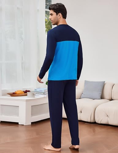 Bresdk Herren Schlafanzug Lang Baumwolle Pyjama Set Herbst Winter Zweiteiler Nachtwäsche Langarm Schlafanzüge,Blau Hellblau,XL