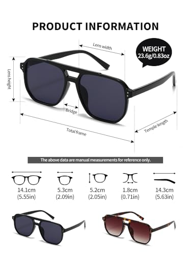 (2 PACK) Retro Square Aviator Sunglasses Women Men 70s Vintage Trendy Plastic Frame Sun Glasses2