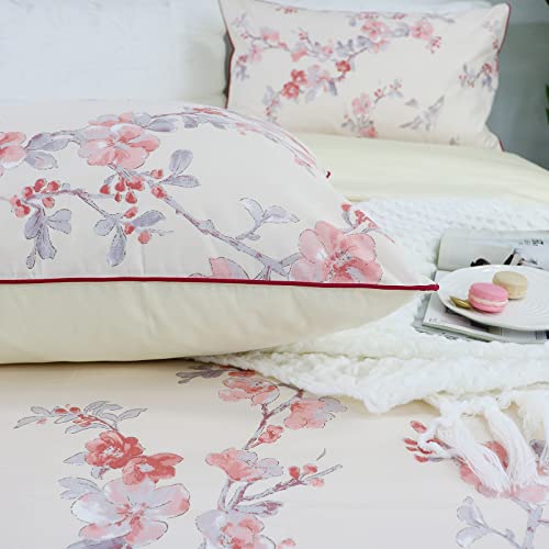Brandream Garden Floral Duvet Quilt Cover Asian Porcelain Style Chinoiserie Cherry Tree Blossom And Birds Red And White Watercolor Pattern 800Tc Cotton Percale Bedding Set 3Pc (King,Cream Red) #TOP2