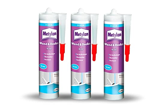 Metylan Wand & Decke Acryl, dehnfähige Acrylat-Dichtmasse für gering belastete Anschlussfugen im Innenbereich, versiegelt Risse in Putz, Mauerwerk, Fassaden, 3x300ml, weiß