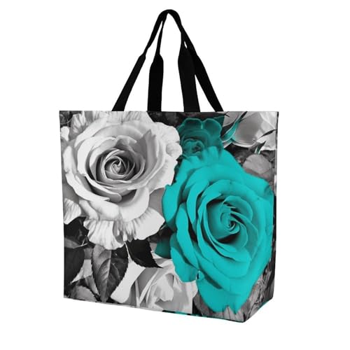 Black White Teal Gray Rose Flowers Large Grocery Tote Bag Women Fashion Handbag Duty Reusable Shoulder Bag for Travel Vacation Shopping Beach Bags