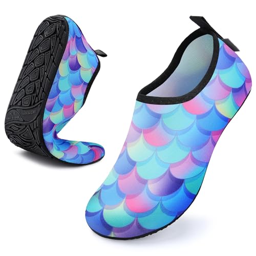 WateLves Womens and Mens Quick Dry Water Shoes Cruise Must Haves Foldable Barefoot Aqua Socks for Kayak Beach Swim Yoga Exercise (Pink/Blue Fishscales, 38/39)