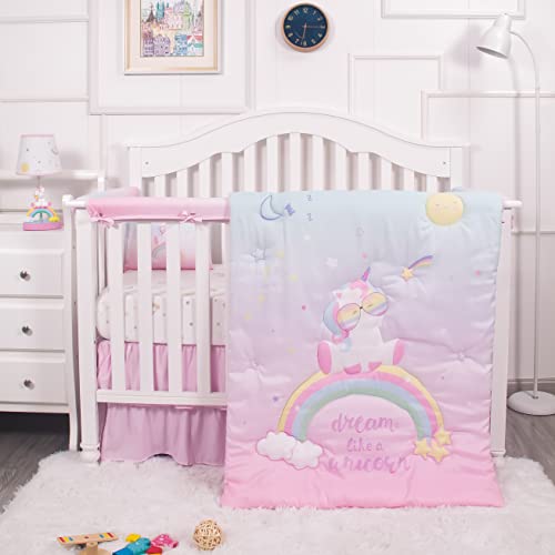 care bear crib - La Premura Unicorn Baby Nursery Crib Bedding Set for Girls – Baby Unicorn & Rainbows 3 Piece Standard Size Crib Bedding Sets in Pink, Yellow & Green