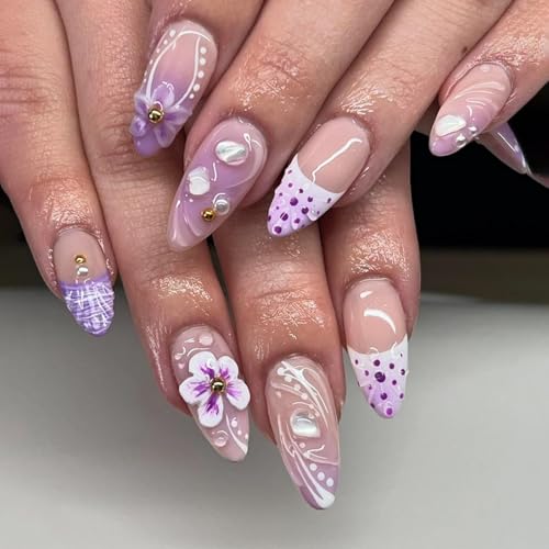 Image of Purple Press on Nails French Tip Fake Nails Medium Almond False Nail with Pearl Design 3D Flower Glue on Nails Artificial Acrylic Nail Nude Stick on Nail for Women Girls Manicure 24Pcs