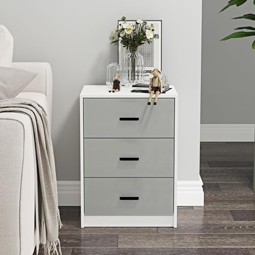URBNLIVING 3 Drawer Wooden Bedroom Bedside Cabinet (White Carcass + Grey Drawers)