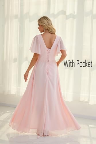 Women's Long Bridesmaid Dresses with Pockets Slit 2025 Short Sleeves Formal Evening Dress A Line s392