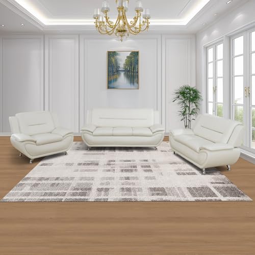 Image of Leather Sectional Sofa, Living Room Furniture Pieces, 3 - Piece Couch Set, Faux Leather Modern Couch Loveseat Chair Set with Sturdy Legs for Living Room /Bedroom /Office,White