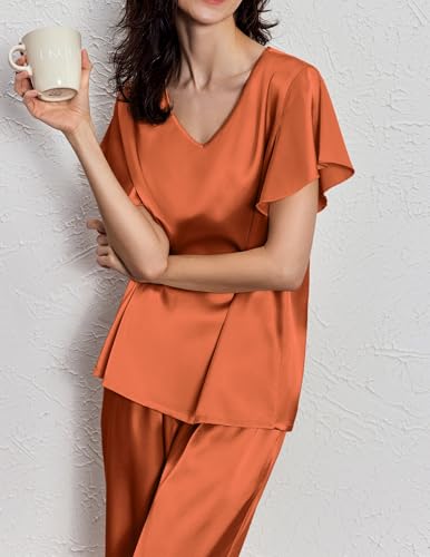 Image of Ekouaer Women's Satin Silky Pajama Set 2 Piece Short Sleeve Shirt with Long Pants Pjs Sets Soft PJ Loungewear S-XXL