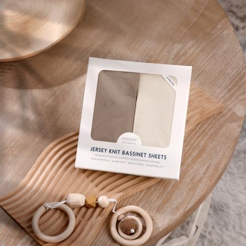 Image of GRSSDER Stretchy Ultra Soft Fitted Bassinet Sheet 2 Pack, Universal Fit for Bassinets Baby Cradle Moses Basket Oval Rectangle Mattress Safe and Snug, Jersey Bassinet Sheets for Baby, Beige & Coffee