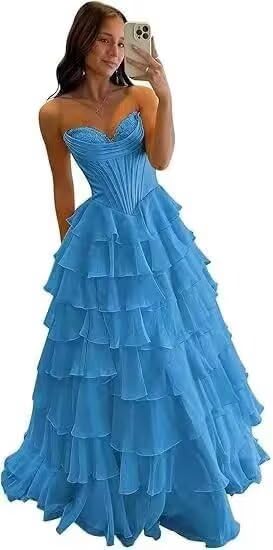 ZUMEIJIA Modest Chiffon Tiered Prom Dresses Blue Long with Slit 2026 Sweetheart Strapless Ball Gowns...