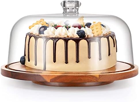 Rotating Cake Stand with Clear Acrylic Dome Lid,Wood Cake Stand with Turntable Base,Cake Display Server Tray for Kitchen,Birthday Parties,Weddings,Baking Gifts,Acacia Wood Cake Lazy Susan with Cover