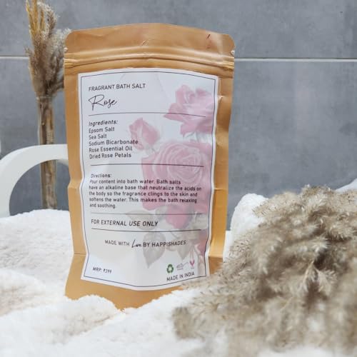 Image of Happishades Bath Salt | For Body & Foot Spa, Calming, Relaxing, Muscle Aches Pain Relief, Aromatherapy | Pure & Natural Epsom, Sea Salt & Essential Oils - 200 grams (Rose)