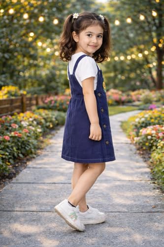 Image of superminis Girls Twill Denim Solid Color Dungree /Dress With Embroidered Pocket (1 Dress,1 Tee)
