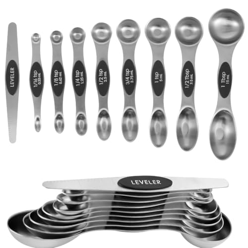 Image of Lishonn Magnetic Measuring Spoons Set of 9, Dual-Sided Stainless Steel Measuring Spoons, Fits Spice Jars, Accurate Kitchen Measuring Spoon Set, Dishwasher Safe
