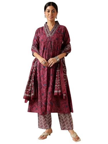 Image of Vbuyz Women Floral Print With Mirror Work Cotton Kurta Palazzo With Dupatta