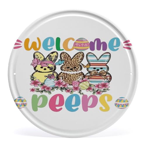 Paskond Decoración de Pascua divertida conejito huevo granja hogar oficina escritorio decoración para mujeres bienvenida peeps letrero redondo de estaño con soporte bandeja escalonada cubículo estante