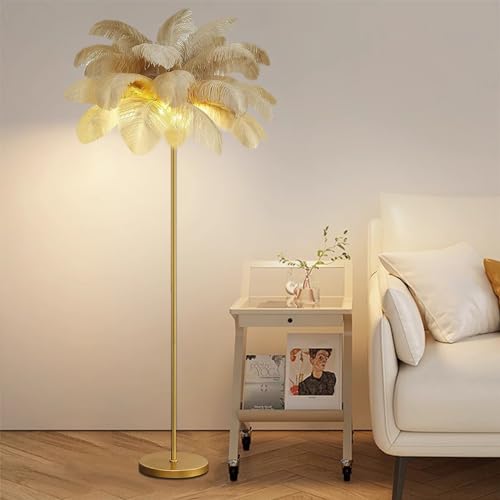 Lámpara de pie para salón moderna y lámpara alta de plumas naturales color khaki