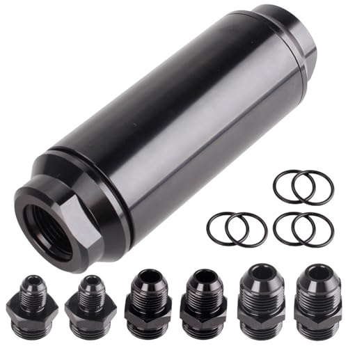 Solvent Filter Trap 50mm Universal Aluminum Alloy Solvent Trap Kit 100 Micron Inline Automotive Fuel Filter with An6 An8 An10 Adapter for Filtering Unleaded Gasoline Ethanol and Alcohol (Black)