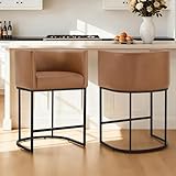 24" Counter Height Bar Stools Set of 2, Modern Barrel Counter Stools with Backrest and Arms, Faux Leather Upholstered Accent Barstools with Metal Legs for Kitchen Island,Brown