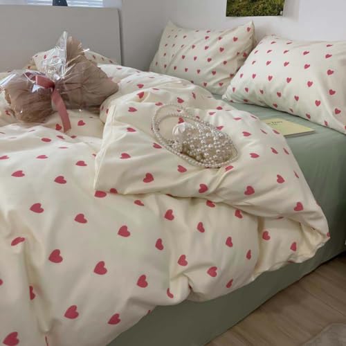 Image of Nayoroom Heart Duvet Cover Twin Size Kawaii Pink Heart Printed on Cream White Bedding Set 2Pcs Kids Girls Cute Heart-Shaped Pattern Comforter Cover with Zipper Closure Soft Breathable Microfiber