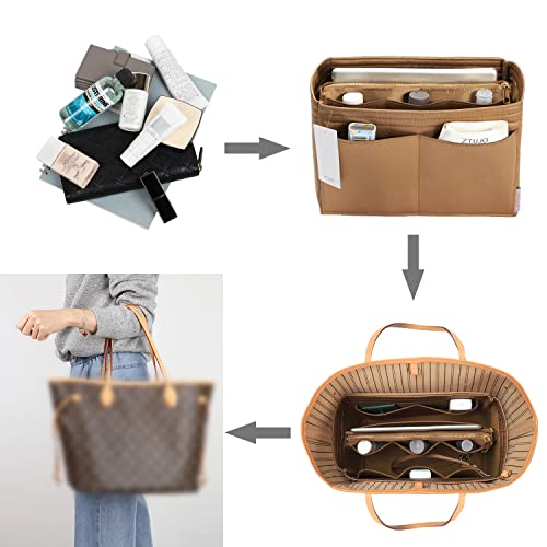 ZTUJO Purse Organizer Insert, Felt Bag Organizer with Metal Zipper, Handbag & Tote Shaper, For Speedy Neverfull Tote, 7 Sizes(Medium, Silky Brown)