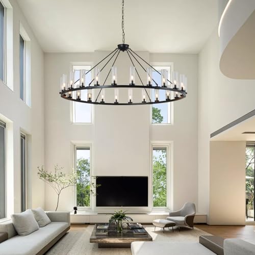 Image of 24 Light Large Wagon Wheel Chandelier with Clear Glass Shade Black Round Pendant Light Farmhouse Industrial Chandeliers Dining Room Light Fixture for Stair Living Room Foyer Kitchen