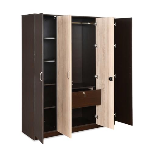 Image of Nilkamal Willy 4 Door Wooden Wardrobe Without Mirror for Bedroom | Almirah with 12 Shelves, 1 Hanging Rod, 1 Lockable Drawer | Clothes Cupboard | Engineered Wood | Wenge & Sonoma Oak