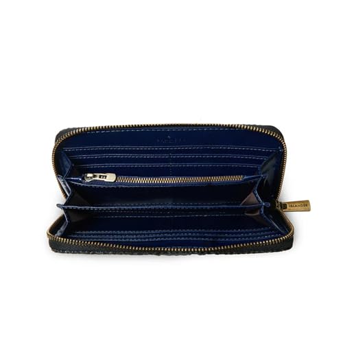 Image of Islander HarrisTweed & PU Leather women's long zip purse, Carry Cash & card, Scottish Style, Navy Herringbone