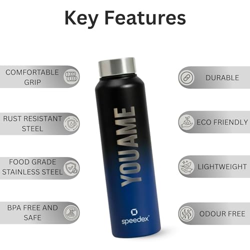 Image of Speedex Customised Engraved Name Stainless Steel Water Bottle 1 Ltr - Personalised Screw Cap Bottle for Kids, Men & Women, School, Office, Gym, Black Blue, Set of 1