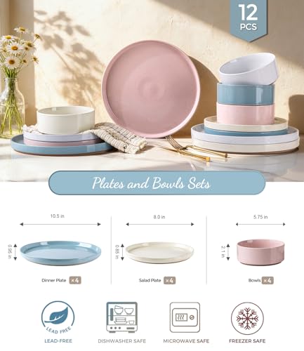 Image of AmorArc Ceramic Dinnerware Set for 4 | Handpainted Stoneware Plates and Bowls with Rustic unglazed terracotta | Scratch Resistant, Dishwasher & Microwave Safe Dishes Sets- 12-Pcs Colorful