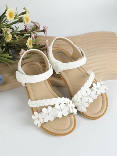 Image of OYOANGLE Girl's Flower Decor Braided Flat Sandals Open Toe Ankle Strap Dressy Sandals White CN33, 4.5 Big Kid