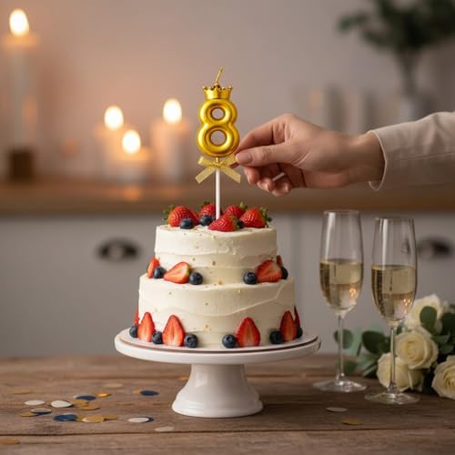 Image of Rozi Decoration Number 8 Birthday Candle for Cake with Crown Design | Gold Metallic Number Candle with Stick | Eighth Birthday Cake Topper for Baby, Kids and Party Celebration