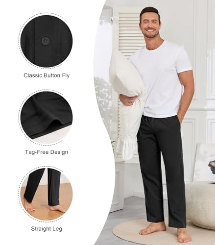 COLORFULLEAF 100% Cotton Mens Pajama Pants Lightweight Sleep Lounge Bottoms Elastic Waistband Button Fly With Pockets3