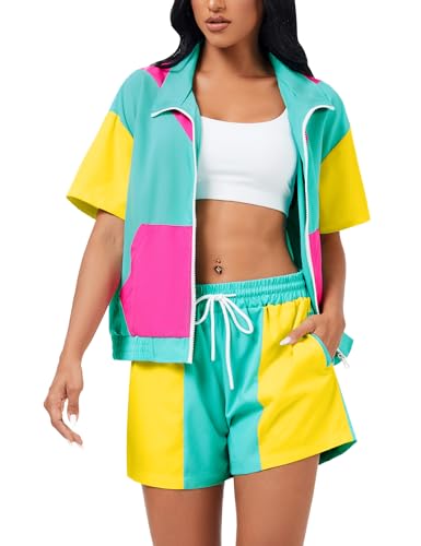 ZDT Womens Color Block 80s 90s Outfit 2 Piece Short Sleeve Costume Zip Up Windbreaker Track Suits Set Green M