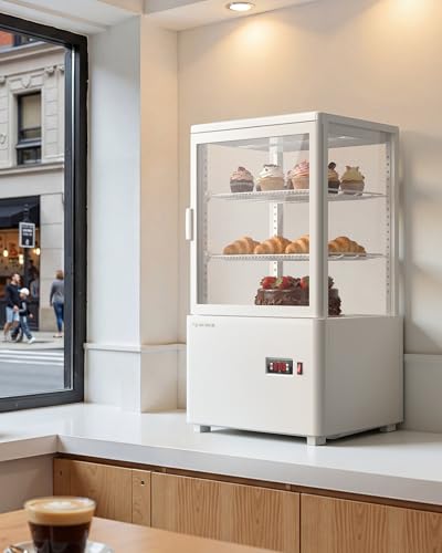 Upstreman Kühlvitrine 58L, Vitrine für Kühlschränke, Kühltheke 2-10°C, LED-Beleuchtung, 2 Verstellbare Ablagen, für Café Bäckerei, Tortenvitrine, CD58-Weiß
