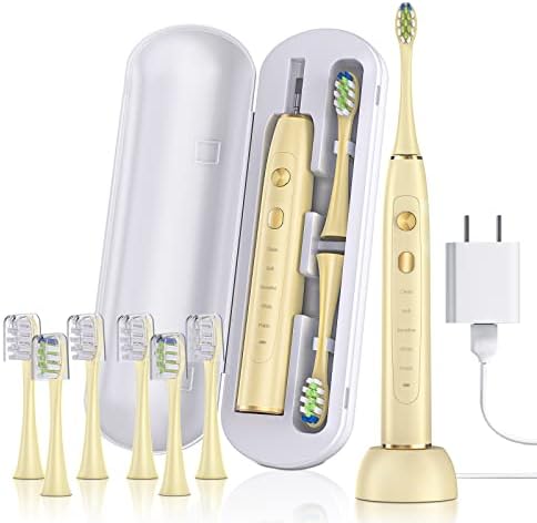 SARMOCARE Sonic Electric Toothbrush with 8 Brush Heads for Adults, Rechargeable Electric Power Toothbrushes, 5 Modes, 39600 VPM, Smart Timer, Wall Charger Adapter & Travel Case Included, Yellow
