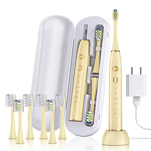 Sarmocare Sonic Electric Toothbrush With 8 Brush Heads For Adults, Rechargeable Electric Power Toothbrushes, 5 Modes, 39600 Vpm, Smart Timer, Wall Charger Adapter & Travel Case Included, Yellow #TOP2