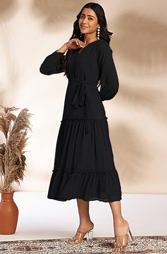 Image of Janasya Women's Dobby Chiffon Woven Design Tiered Dress