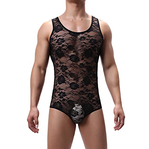 titivate Leotard For Mens Lace Jacquard Sexy Underwear Sleeveless See-through Bodysuit One-piece Underwear