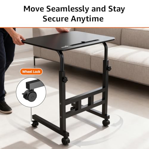 Image of Amazon Basics Adjustable Height Wooden Table with Wheels | Portable Multipurpose Table | Smooth Rolling Wheels | Perfect Posture Adjustment | Trolly Laptop Table (Black)
