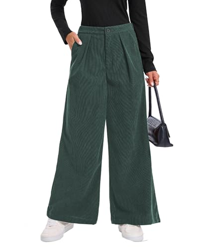 Women Wide Leg Dark Green Corduroy Button Elastic Waist Pockets Pant