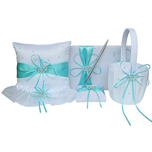 5pcs Wedding Sets Flower Girl Basket + Ring Bearer Pillow + Guest Book with Pen + Pen Set Holder + Bride Garter for Rustic Bridal Wedding Shower Ceremony Anniversary-Aqua Blue