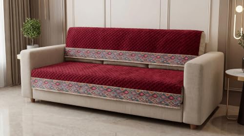 Image of KINGLY Sofa Cover 5 Seater 3+2 Velvet Full Cover - Maroon | Fully covered quilted velvet slipcover, washable anti-slip thick furniture protector for 3+2 living room sofa