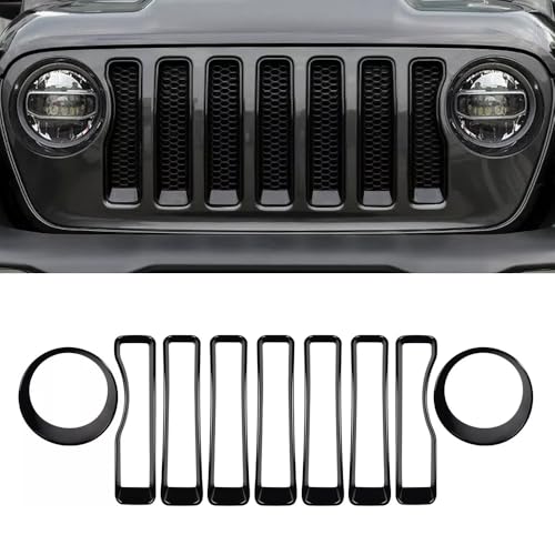 Image of MAXDOM 9PCS Grille Inserts Headlight Covers Set Fits for (2018-2023) Wrangler JL Sahara and Gladiator JT partial models Part#6KM35MRCAA Black