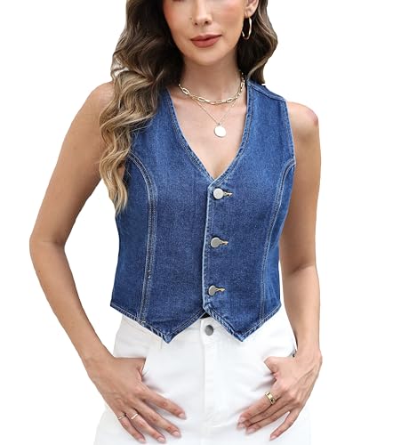 Ladyful Womens Cropped Denim Vest Top Sleeveless Jean Vest Summer Y2K Casual Denim Western Cowgirl Vest