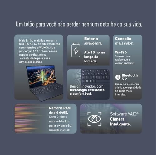 Notebook VAIO FE16 AMD Ryzen 5-5625U Linux 8GB 256GB SSD Wi-Fi 6 Tela 16" IPS WUXGA Antirreflexo - Cinza Grafite - VJFE69F11X-B0411H - Memória Expansível até 64GB