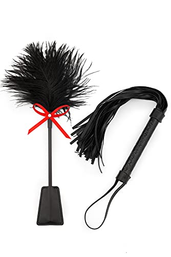 MALINERO Whip Set, Feather Whip, Horse Riding Whip, French Tickler, Leather Whip, Feather Tickler, Whip for Couples, Horse Whip Leather, Riding Crop Leather, Feather Flogger